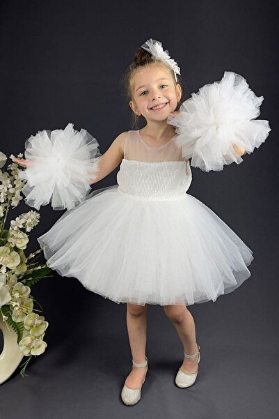 MARMARA FIRSAT Girl's White Evening Dress Sequin Tulle Skirt Wearable Pompom ...