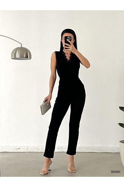 S&A Collectionn Women's Lace Double Breasted Collar Sleeveless Crepe Fabric Belted Jumpsuit Black