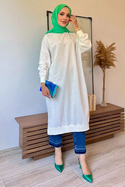jldkids Crew Neck White Hijab Tunic with Side Slits
