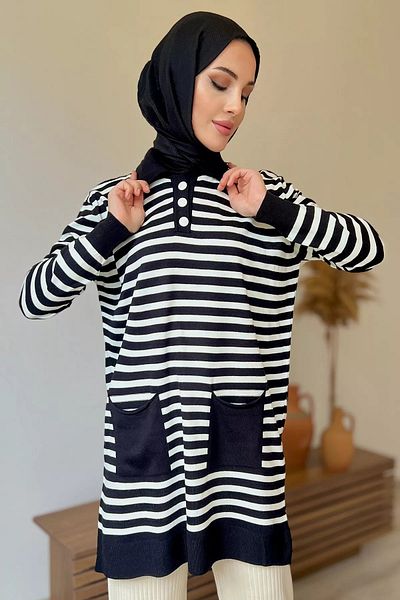 jldkids Half Buttoned Black Striped Women's Knitwear Tunic