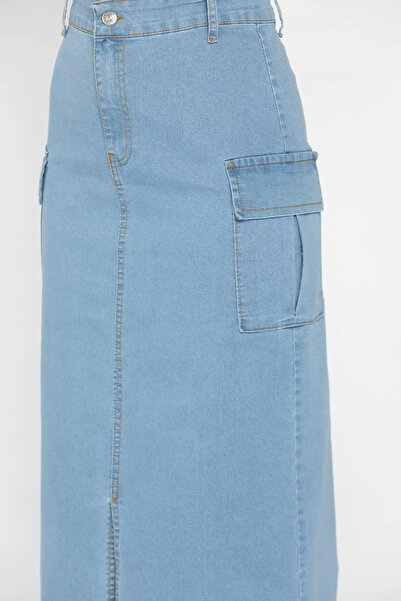 GÜLSELİ Fusta de blugi albastru - buzunare duble si fanta in fata