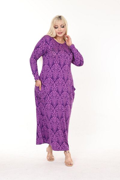 mami butik Plus Size Patterned Viscose Combed Cotton Dress - Long Sleeve, Maxi Length, with Hijab Pockets
