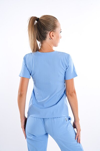 Nur Medikal Giyim Costum de uniformă chirurgicală pentru medic și asistentă din lycra moale, cu fermoar, model Lily, în culoare albastru bebeluș