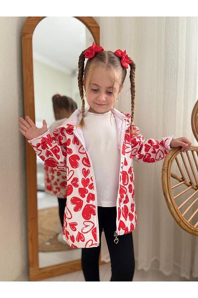 DUDOR KİDS Girl's Red and White Heart Water and Windproof Trench Coat-Raincoat-Windbreaker