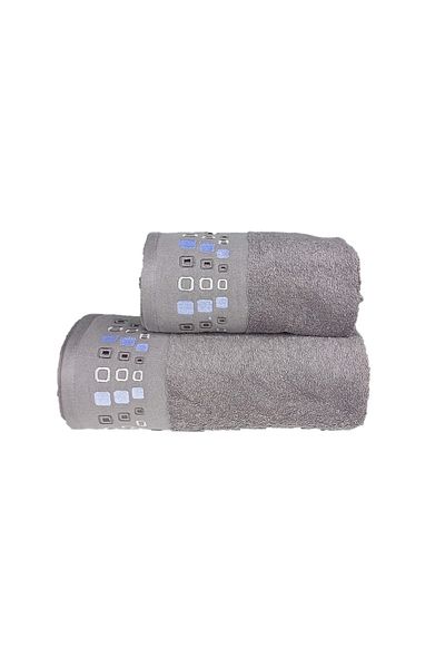 erteks 2-Piece Gray Bath and Hand Towels - 70X140/50X100 Edge Patterned, Easy Washing and Quick Drying
