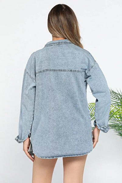 GÜLSELİ Jeans Jacket with Stones Ice Blue - Double Pockets