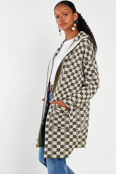 Hopoi Women's Checkered Hooded Open Front Cardigan