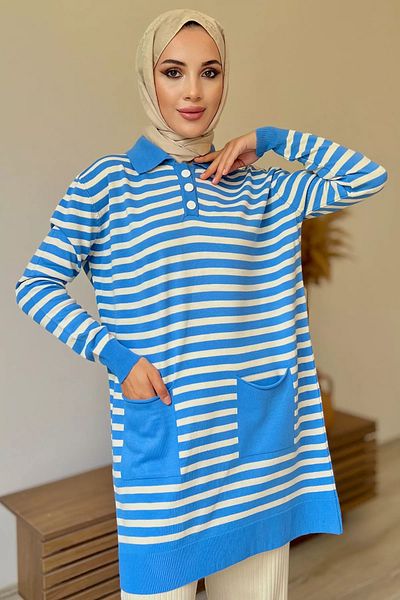 jldkids Blue Striped Half Buttoned Women's Knitwear Tunic