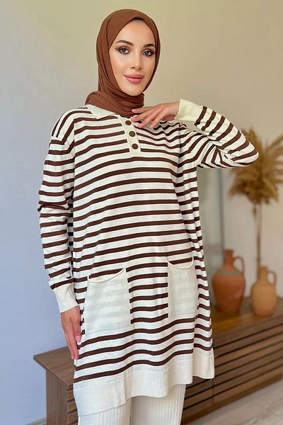 jldkids Women's Striped Cream Brown Knitwear Tunic - Half Buttoned