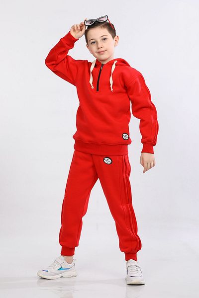 MORNIO Red Children's Tracksuit Set - Three Strings, Hooded, Winter Mrn51203