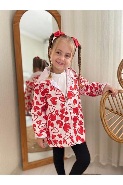 DUDOR KİDS Girl's Red and White Heart Water and Windproof Trench Coat-Raincoat-Windbreaker
