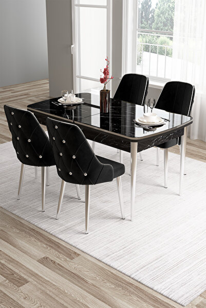 Canisa Tia Serisi 80x132 Mdf Açılabilir Siyah Mermer Desen Krom Detay Masa Ta...