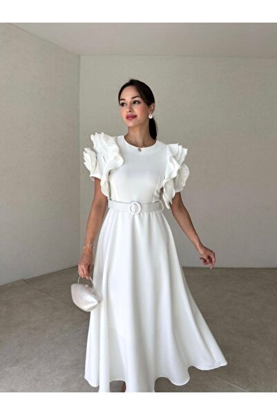 Afiş Butik Ruffle White Dress with Rose Detail and Belt
