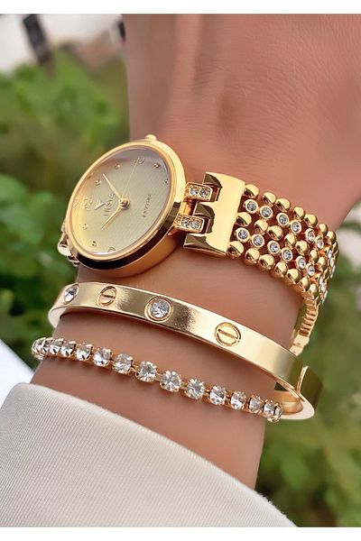 Fiesta Gold Colored Steel Cord Women's Wristwatch and Bracelet Gift