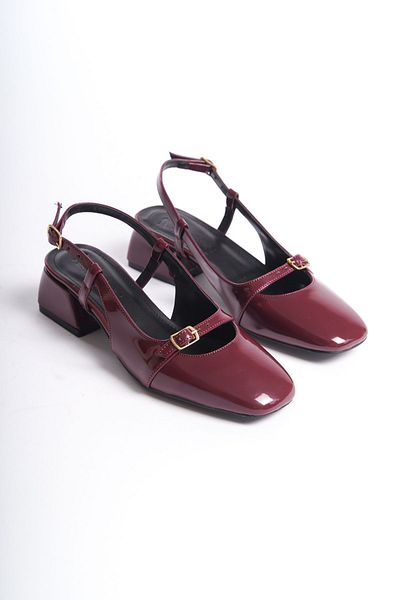 SEEM & BE Burgundy Patent Leather Mary Jane Shoes - Lola Blunt Toe, Detailed Square Heel
