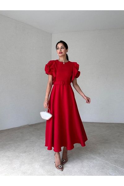 Afiş Butik Rose Detailed Red Belted Ruffle Dress