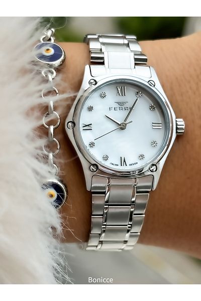 FERRO Brand Steel Cord, Silver Color, Small Case Women's Wrist Watch + Evil Eye Beaded Bracelet