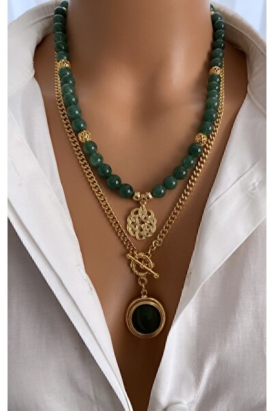 TARZ-I TAKI ( 2 KOLYE ) Doğal Taş Yeşil Akik Taşı Altın Kaplama Çerçeveli Taş Uç Retro Çelik Zincir Kadın Kolye
