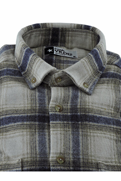 YILDIZ GÖMLEK Cream-Brown-Navy Blue Plaid Pattern Double Pocket Buttoned Coll...