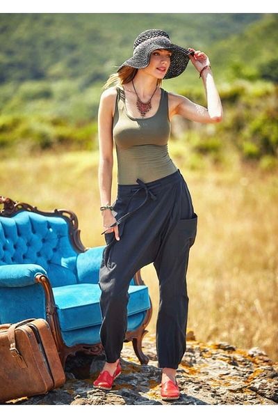 Bohemian Black Double Breasted Bohemian Elastic Leg Unisex Baggy Trousers