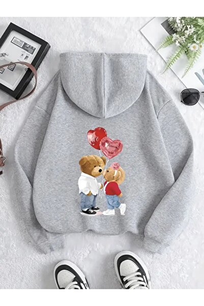 WOODROFFE Оверсайз унисекс суитшърт с качулка в черно и сиво с мечешки принт - кенгуру джоб