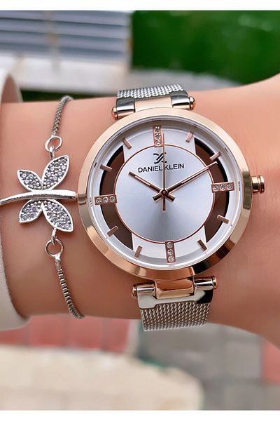 Daniel Klein Rose Silver Colored Women's Wristwatch and Bracelet