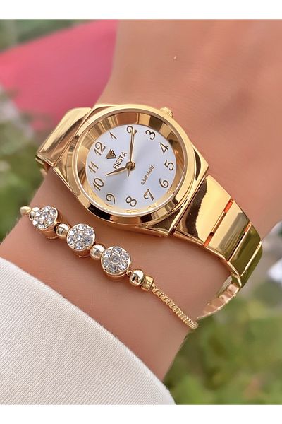Fiesta Gold Colored Steel Cord Women's Wristwatch and Bracelet Gift