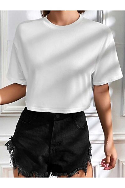 Genel Markalar Crop Bisiklet Yaka Örme T-shirt