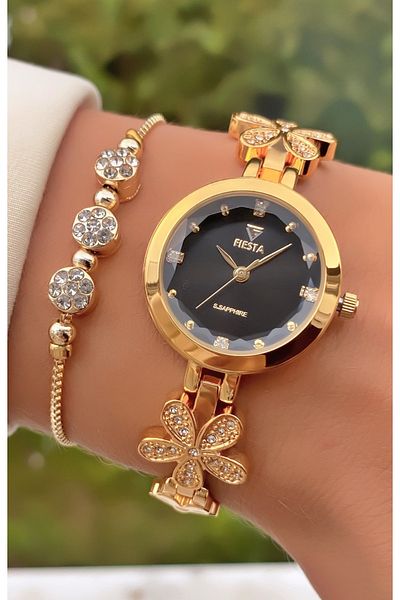 Fiesta Gold Colored Steel Cord Women's Wristwatch and Bracelet Gift