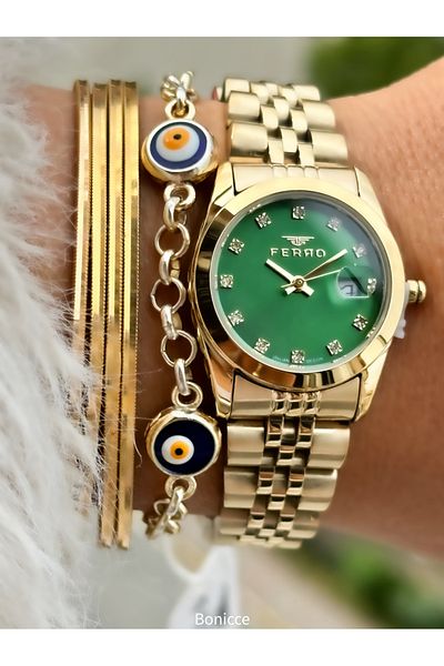 FERRO Brand Steel Cord, Yellow Color, Small Case Women's Wrist Watch + Evil Eye Beaded Bracelet