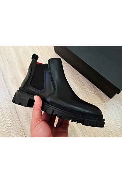 Özel Yapım Siyah  Deri Erkek Kalın Taban Kışlık Bot