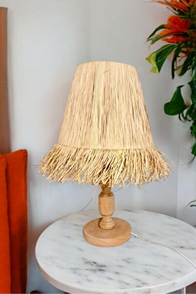 Bubihome Ahşap Bohem Rafya Abajur Saçaklı Hasır Gece Lambası