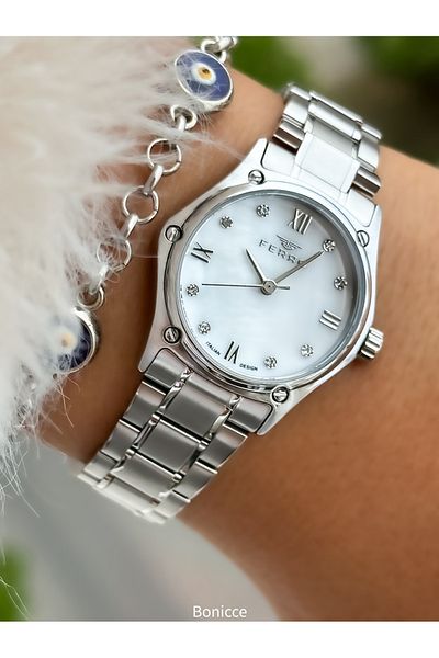 FERRO Brand Steel Cord, Silver Color, Small Case Women's Wrist Watch + Evil Eye Beaded Bracelet