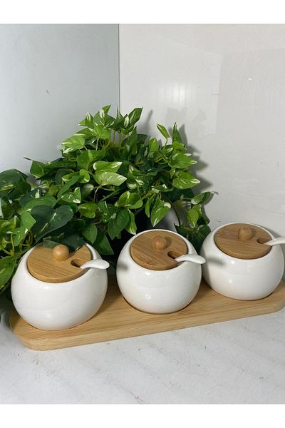 elif aksesuar Porcelain and Bamboo Spice Bowl with Spoon