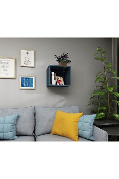 Dekormer Design Kitaplık Kare Duvar Rafı Tekli Arkalıklı Mobilya Takım İzlanda Mavi