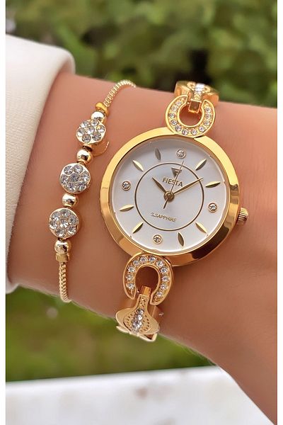 Fiesta Gold Colored Steel Cord Women's Wristwatch and Bracelet Gift