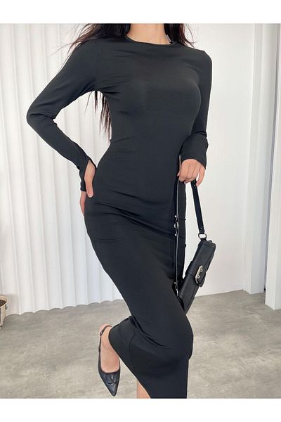 HARMONY GLOBAL Rochie creion neagră modal cu mânecă lungă - Snap Finger 10.220