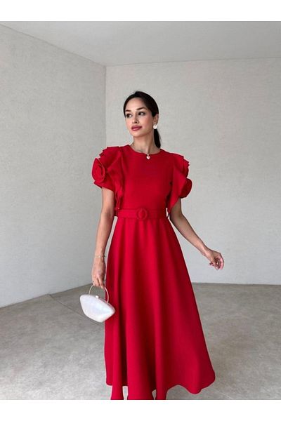 Afiş Butik Rose Detailed Red Belted Ruffle Dress