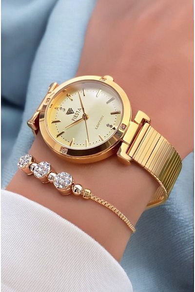 Fiesta Gold Yellow Steel Cord Bridal, Engagement, Wedding Small Case Wrist Watch - Bracelet