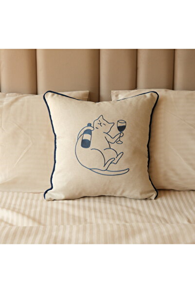 Elegancembroidery Kedi Desen Nakışlı Kırlent Kılıfı