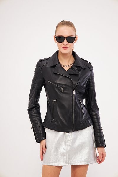 gorgitino Genuine Leather Black Women's Jacket - Diamond Pattern