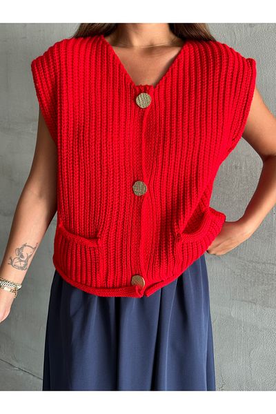 Laluvia Red Sweater with Three Gold Buttons