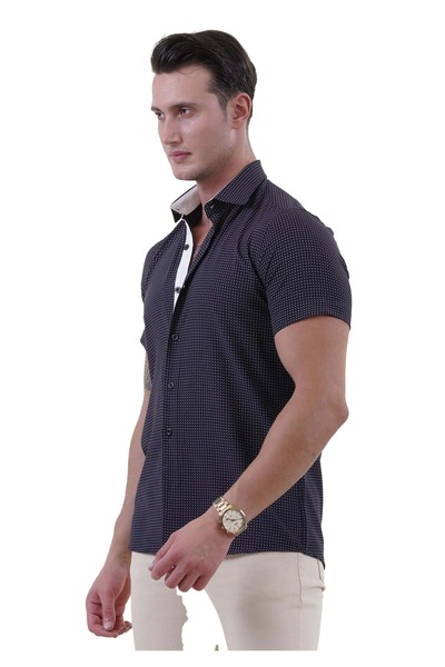 Exve Exclusive Біла сорочка з геометричним візерунком, темно-синя, slim fit, літня