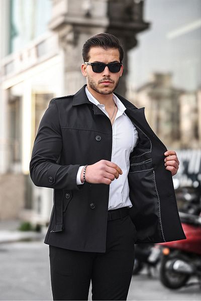 gm giyimarket Men's Seasonal Lined Double Breasted Epaulet Belted Top Coat/Trencoat
