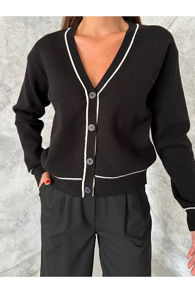 Laluvia Schwarzer, kontrastierender, gestreifter, geknöpfter Cardigan-4433