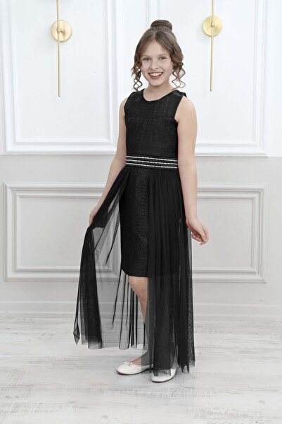 Pantulux Çocuk Güpür Desenli Astarlı Siyah Abiye Elbise