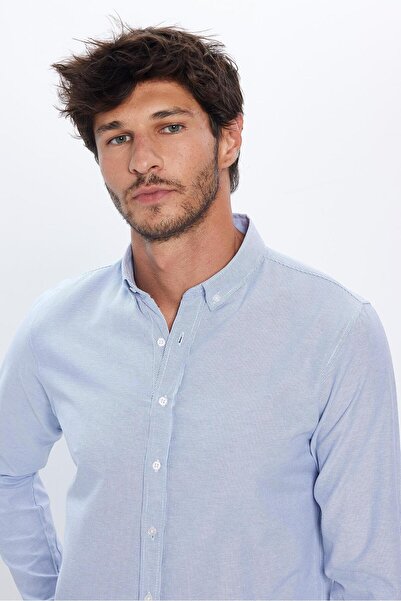 Tudors Erkek Slim Fİt Dar Kesim Uzun Kollu Pamuklu Çizgili 4 Mevsim Düğmeli Yaka Gömlek