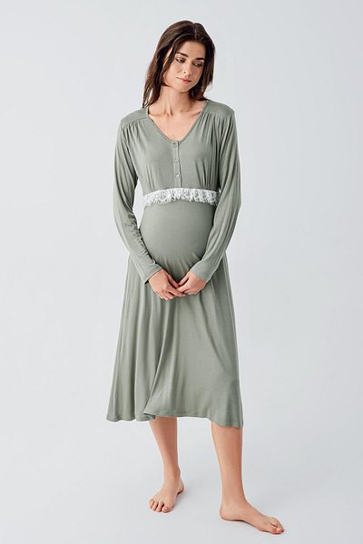 Artış Long Sleeve Ruched Patterned Buttoned Flexible Viscous Maternity Dressing Gown Nightgown Set