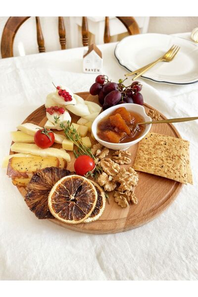 NOBLERAVEN DESIGN Doğal Ahşap Yuvarlak Sunum Tabağı ve Peynir Tabağı Seti, İkili Set, Yuvarlak, Kayın Ağacı