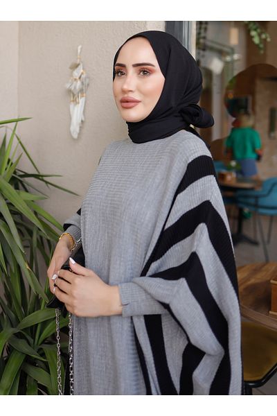 SAHRA BUTİK Gray Striped Knitwear Bat Dress - Sahra Boutique